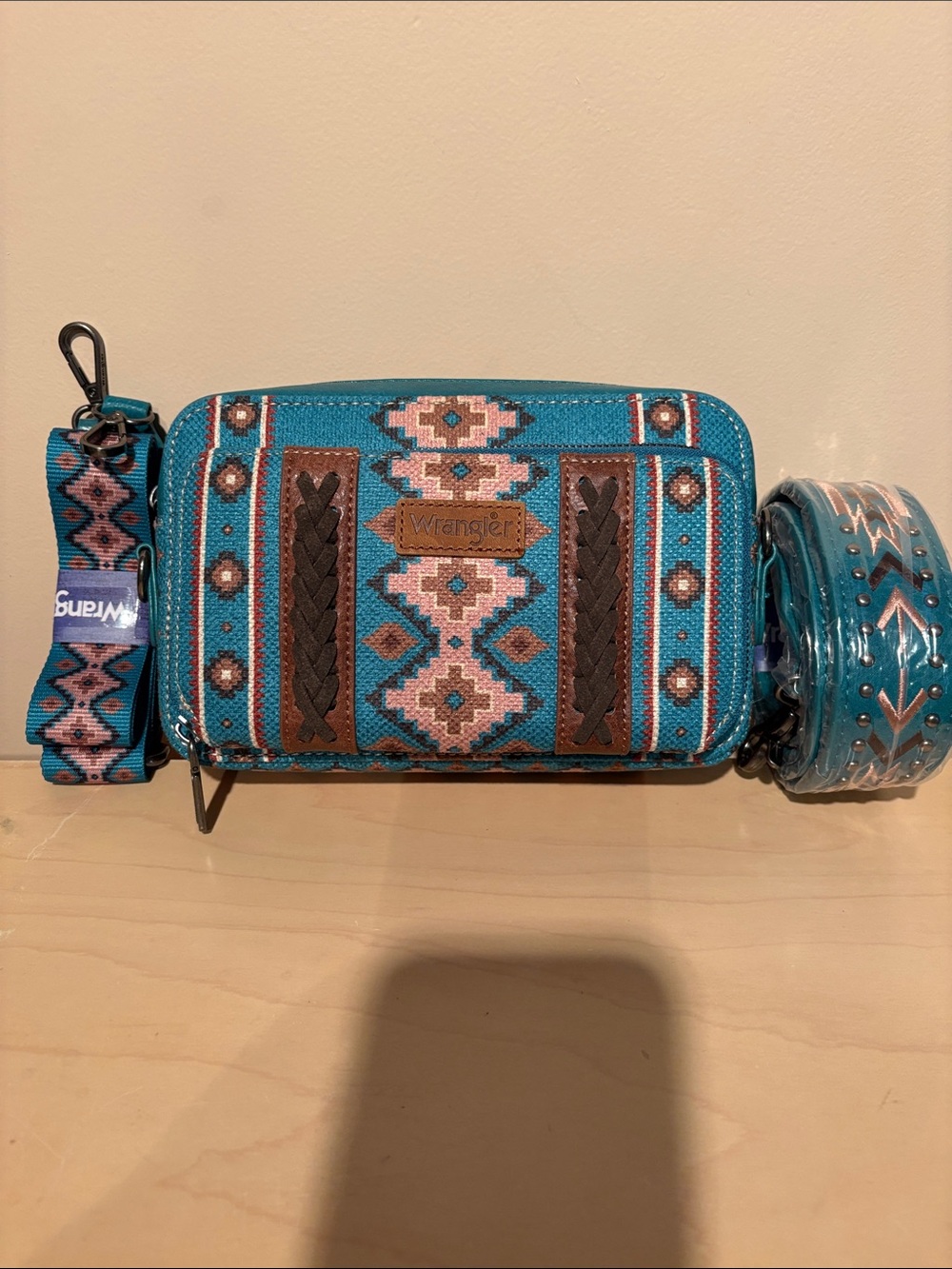 Wrangler Turquoise Aztec Crossbody Wallet with Brown Accents